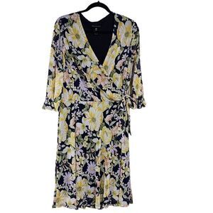 Stella & Julie navy & yellow floral chiffon 3/4 sleeve midi dress 16W